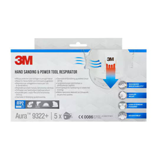 3M™ Aura™ Comfort Cool Flow™ Stofmasker 9322+, FFP2, met ventiel, 5/verpakking