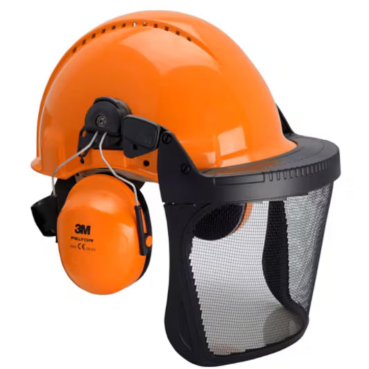 3M™ Bosbouwcombinatie, G3000 oranje veiligheidshelm, H31 gehoorkappen, FH1 houder en 5C gaas gelaatsscherm, G3000NOR31FH15C